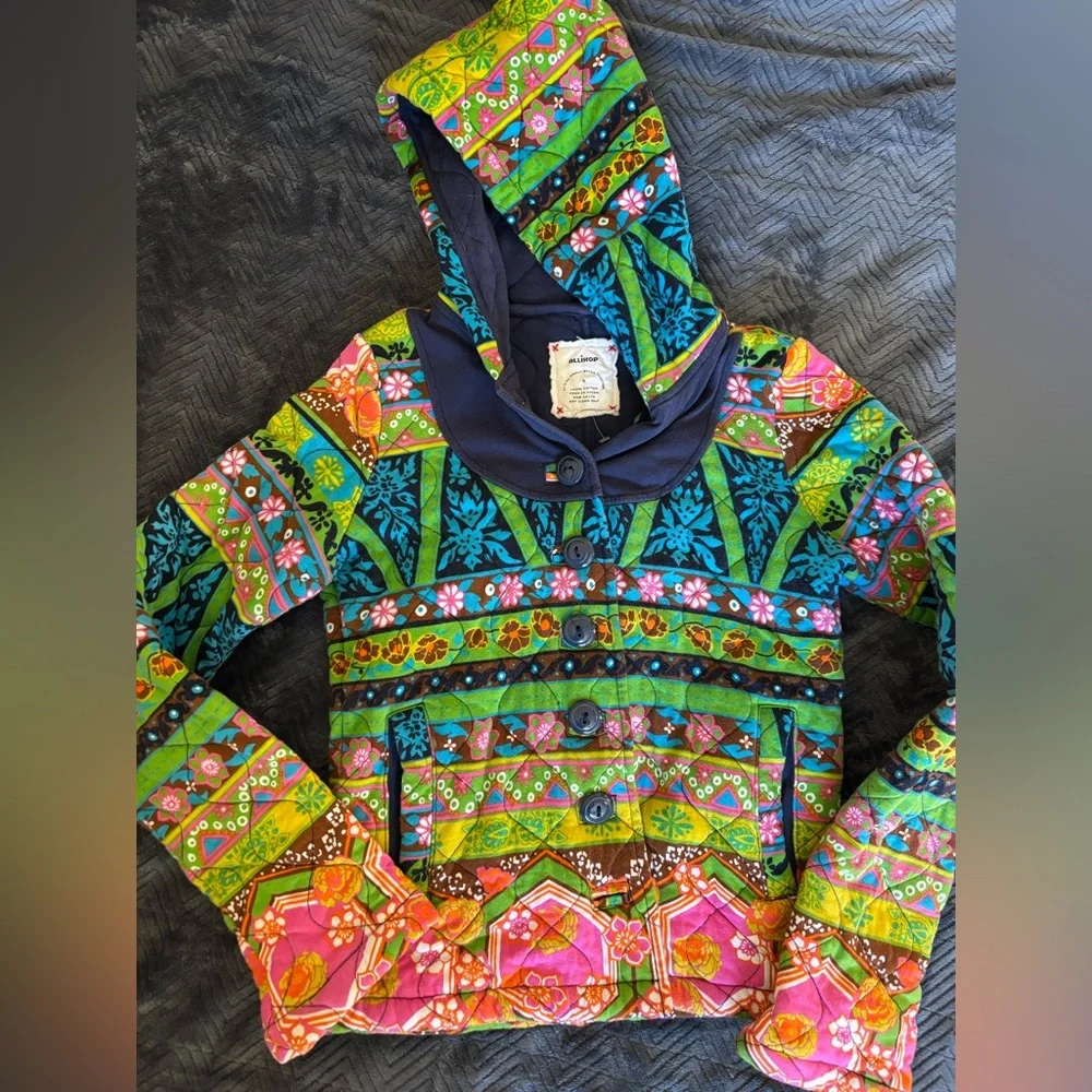 Allihop Quilted Hooded Cotton Jacket Boho Patchwork Colorful Coat - Picture 4 of 12